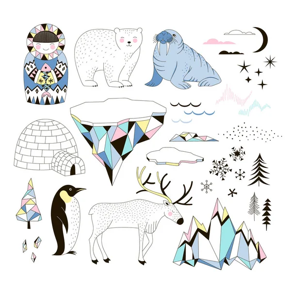 Arctic Clip Arts Conjunto Con Animales Lindos — Vector de stock