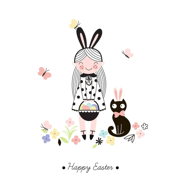 Cute Happy Easter Girl Holidays Design — Stock Vector