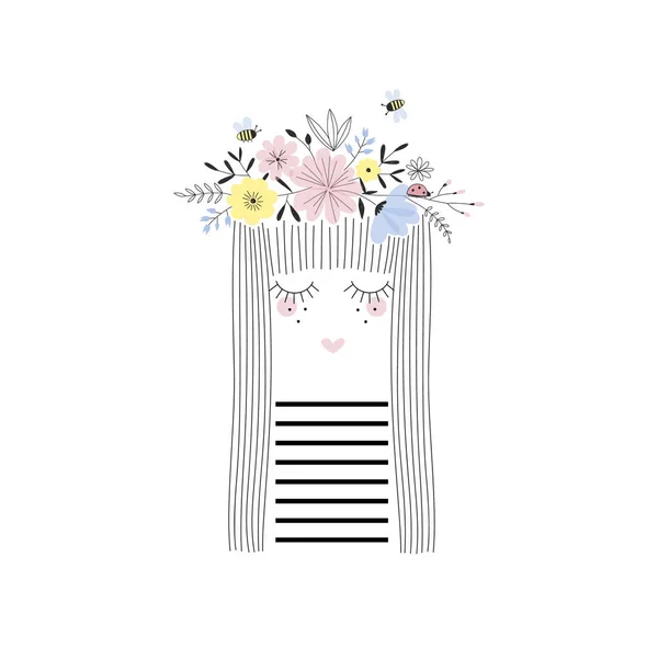 Girl Flower Garland Tender Illustration — Stock Vector