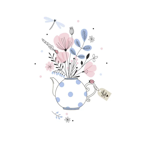 Floral Bouquet Teapot Card Design — Stock Vector