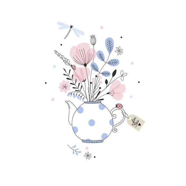 Bloemen Boeket Theepot Kaart Ontwerp — Stockvector