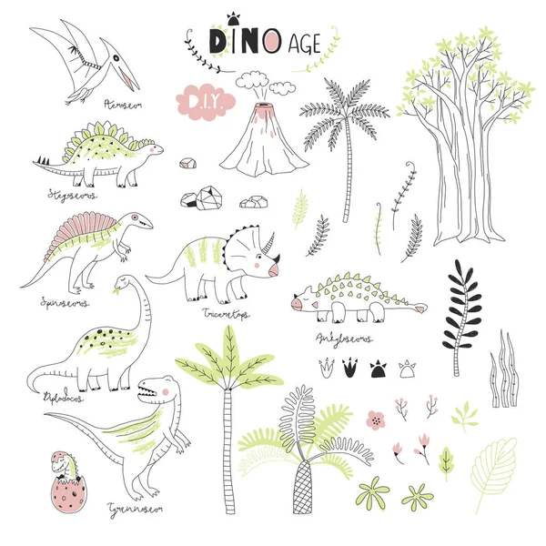 Set Grafis Gambar Tangan Dekoratif Dinosaurus Diy - Stok Vektor