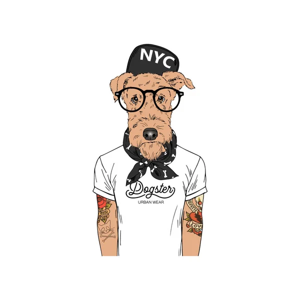 Airedale Terrier Retrato Hipster Perros Moda — Vector de stock