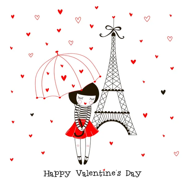 バレンタイン デザインの傘の下でフランスの小さな女の子 — ストックベクタ