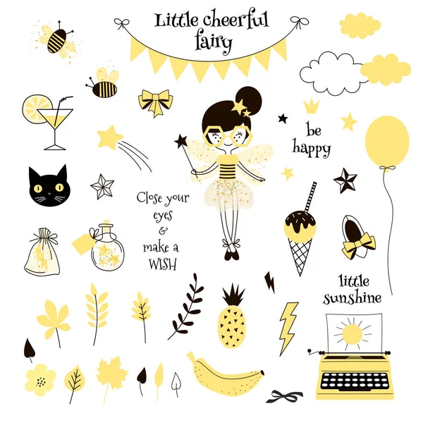 Cute Yellow Fairy Graphic Elements Set Projects — Stock Vector