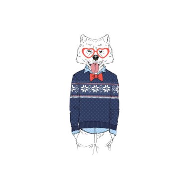 Christmaa jakar kazak, antropomorfik hayvan illüstrasyon giyinmiş Samoyed