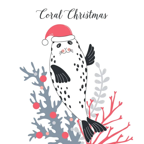 Vánoce Seal Santa Hat Vektorové Ilustrace — Stockový vektor