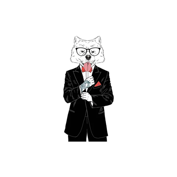 Samojed Klädd Smoking Människoliknande Illustration Mode Hundar — Stock vektor