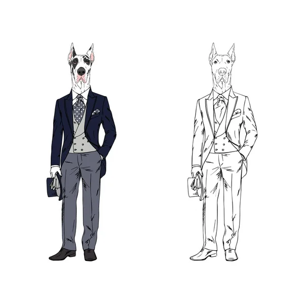 ビンテージ ビクトリア朝スーツ 擬人化された動物イラストを着たグレートデーン犬 — ストックベクタ
