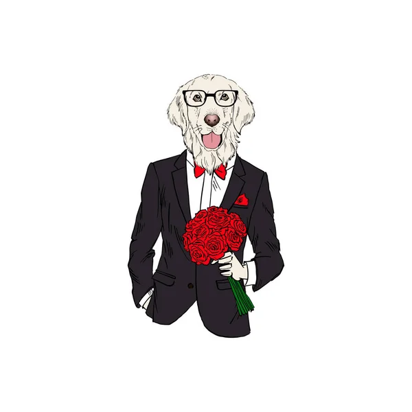 Golden Retriever Ubrane Smokingu Antropomorficzne Ilustracja Moda Psy — Wektor stockowy