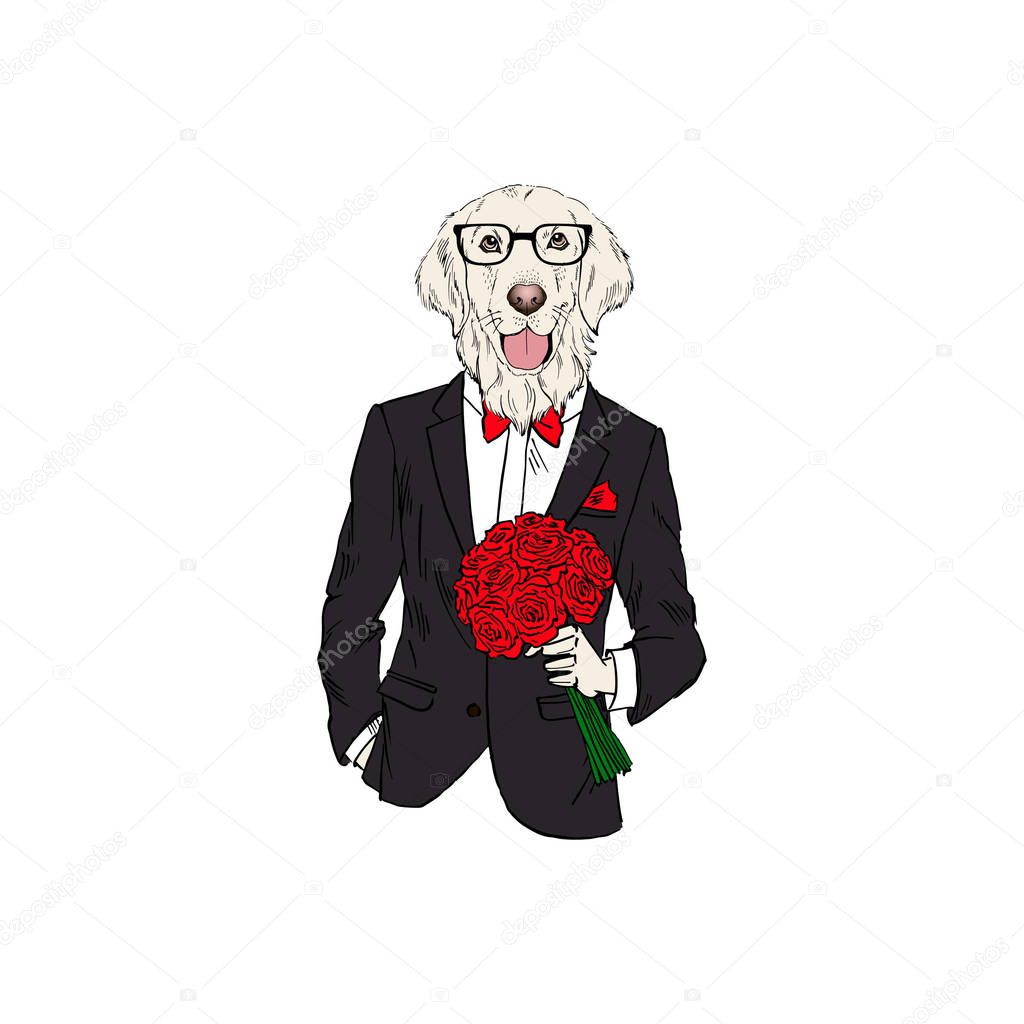 Golden Retriever dressed up in tuxedo, anthropomorphic illustration, fashion dogs