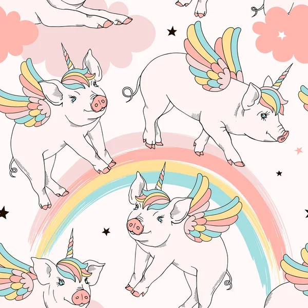 Lindo Piggy Unicornio Patrón Vector Ilustración — Vector de stock