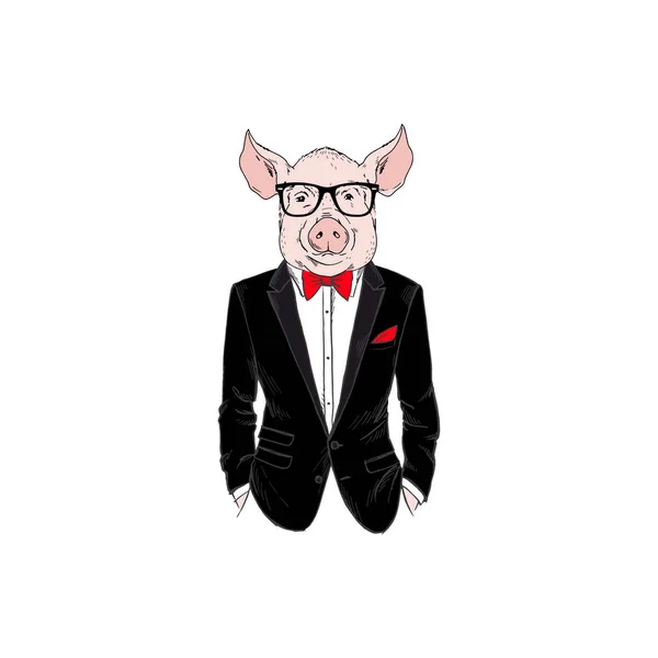 Homem Porco Vestido Com Smoking Ilustração Animal Antropomórfica —  Vetores de Stock