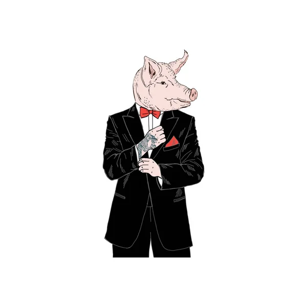 Cerdo Disfrazado Esmoquin Ilustración Animal Antropomórfica — Archivo Imágenes Vectoriales