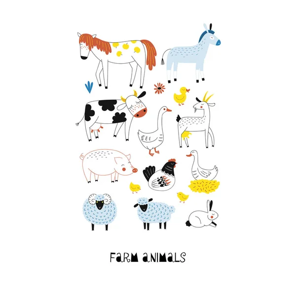 Farm Animals Graphic Poster Vector Illustration — Stock Vector