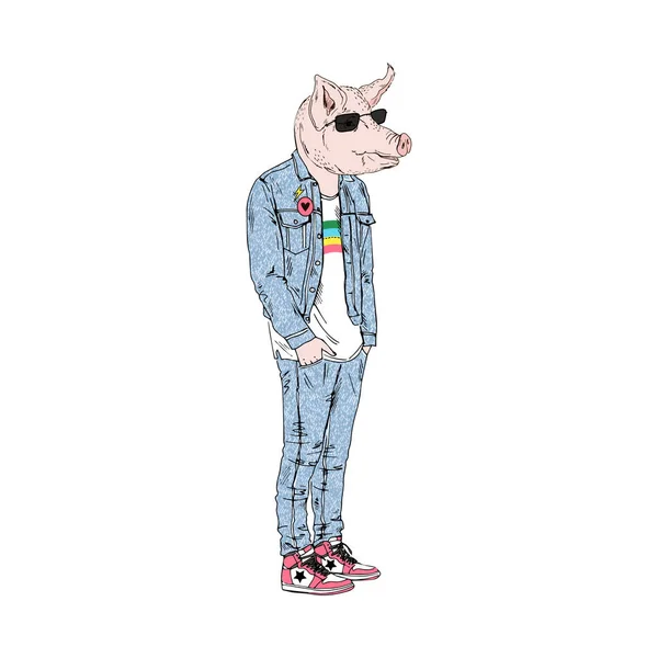 Homem Porco Antropomórfico Vestido Estilo Jeans Fundo Branco —  Vetores de Stock