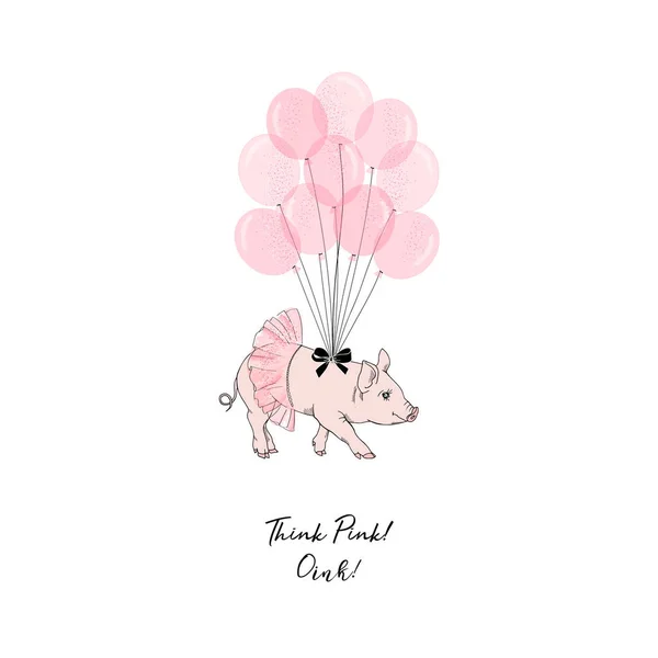 Cerdo Falda Rosa Con Globos Sobre Fondo Blanco — Vector de stock