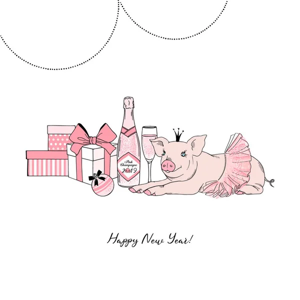 Ano Novo Porco Ilustração Temática Com Champanhe — Vetor de Stock