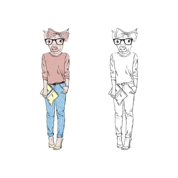 Porquinho Jovem Mulheres Hipster Vestido Com Jeans Antropomórfico Animal Ilustração — Vetor de Stock