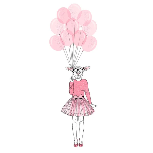 节日绵羊女孩与粉红色气球 拟人化动物例证在白色背景 — 图库矢量图片