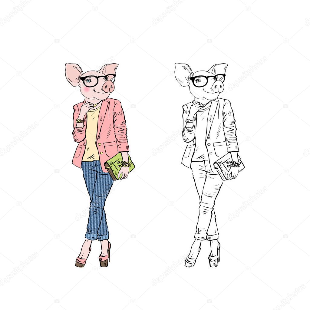 piggy young women dressed up in modern casual style, anthropomorphic animal illustration