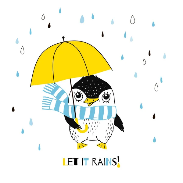 Cute Penguin Yellow Umbrella Vector Illustration — Stock Vector