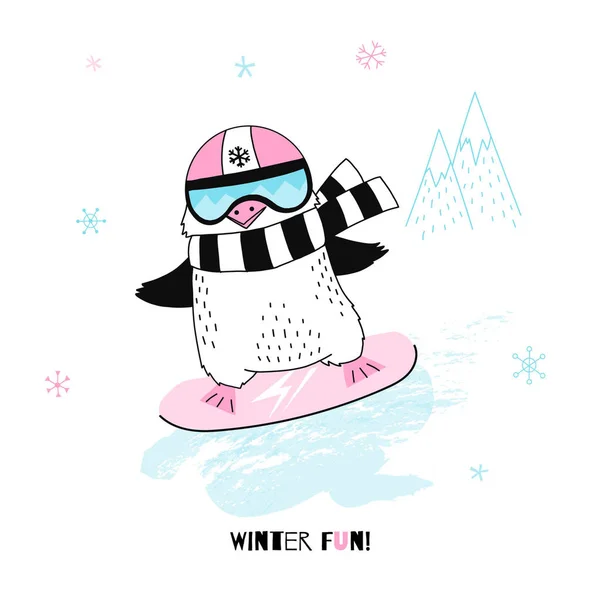 Mignon Pingouin Sur Snowboard Illustration Vectorielle — Image vectorielle