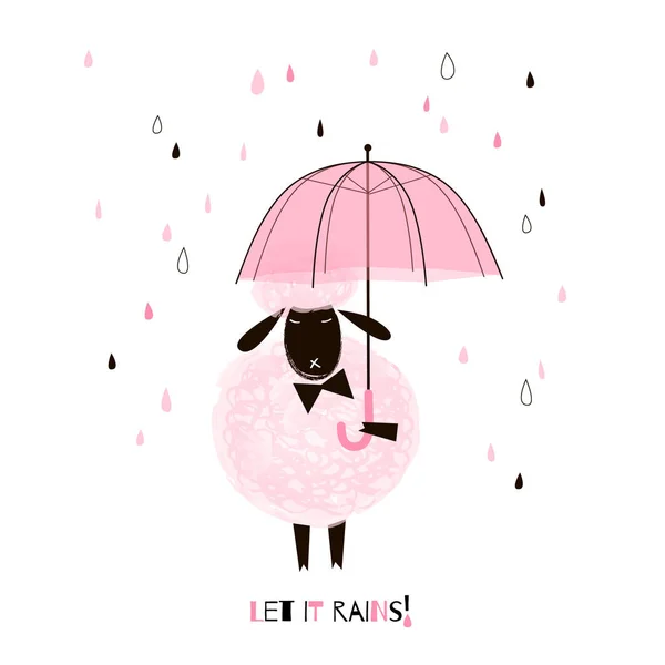 Mignon Mouton Rose Avec Parapluie Sur Fond Blanc — Image vectorielle