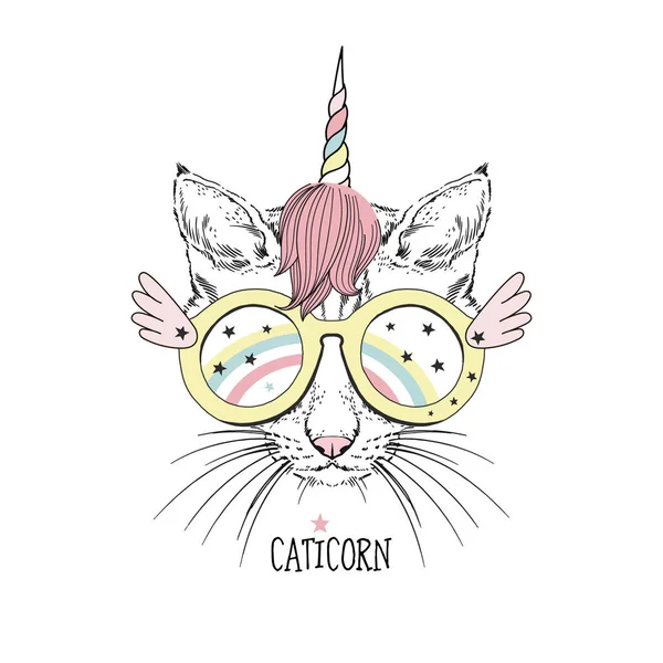 Gato Con Accesorios Unicornio Colores Ilustración Vectorial — Vector de stock