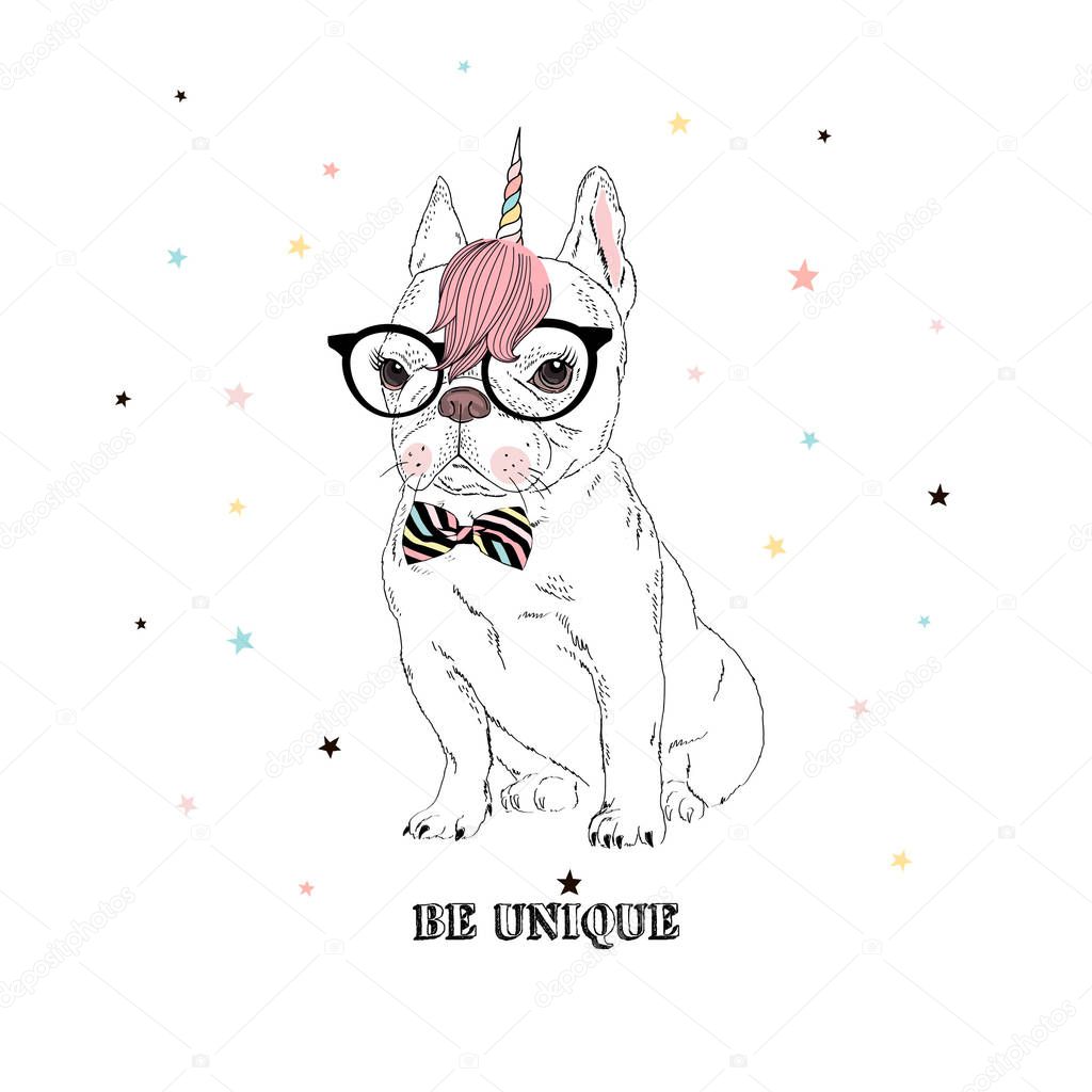 French bulldog in bright Unicorn accessories. vector illustration.