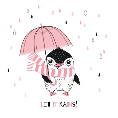 Komik karikatür penguen pembe şemsiye ile vektör çizim