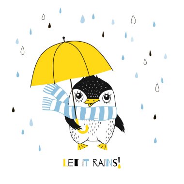 Komik karikatür penguen sarı şemsiye ile vektör çizim