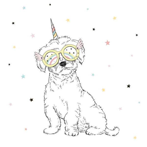 Illustration Vectorielle Chien Drôle Portant Des Lunettes Corne Licorne — Image vectorielle