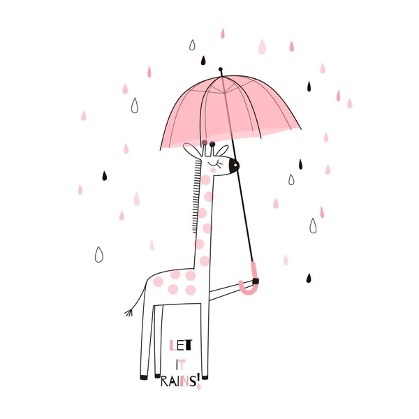 Girafe Rose Drôle Avec Parapluie Rose — Image vectorielle