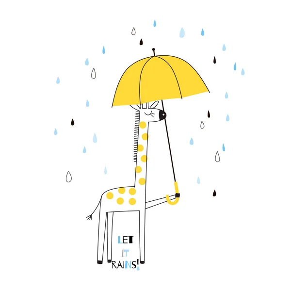 Sarı Şemsiye Ile Komik Zürafa — Stok Vektör