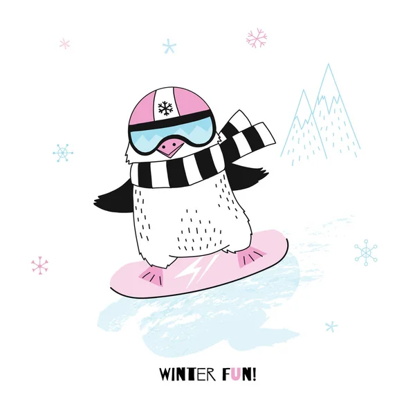 Vector Illustration Funny Penguin Pink Snowboard — Stock Vector