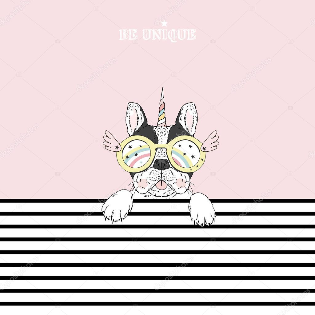 Vector illustration of french bulldog with unicorn horn on his head looking over striped background