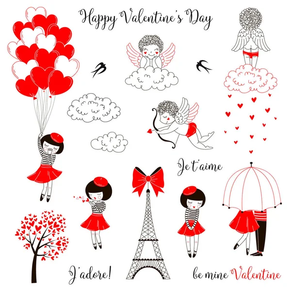 Rouge Noir Blanc Couleur Valentine Day Clip Art Set Jolie — Image vectorielle