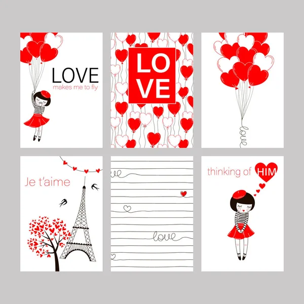 Collection Red Black White Colored Valentine Day Card Templates Cute — Stock Vector