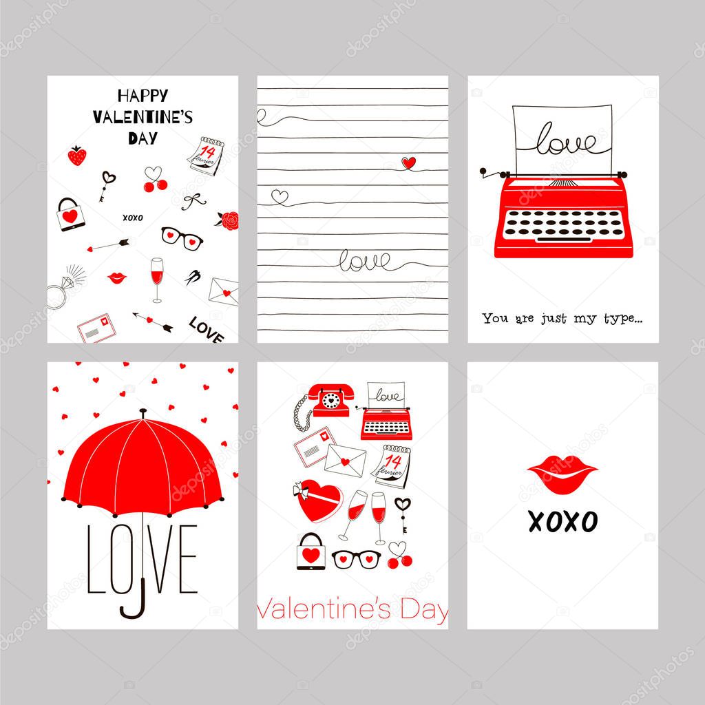 Collection of red, black, white colored Valentine's day card templates with love graphics & quotes.Typography poster, card, label, banner, invitation design set.