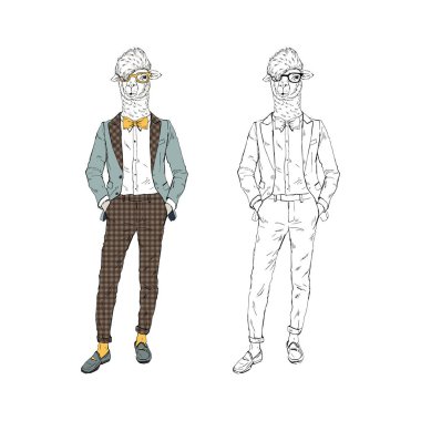 Beyaz arka plan üzerinde retro elbiseli Lama erkekler hipsters giyinmiş