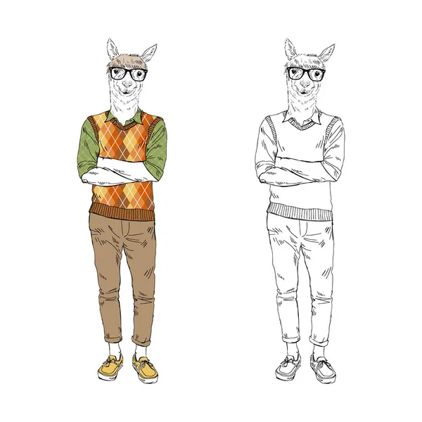 Nerdy Llama Hommes Habillés Dans Style Geek Sur Fond Blanc — Image vectorielle