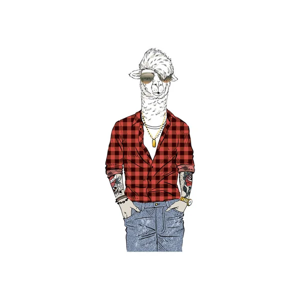 Llama Uomo Hipster Vestita Con Camicia Quadri Rossa Jeans — Vettoriale Stock