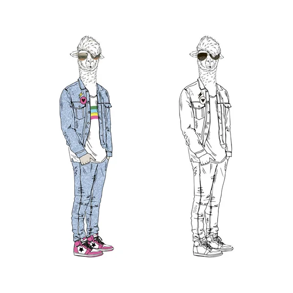 Lama Mannen Gekleed Retro Jeans Witte Achtergrond — Stockvector