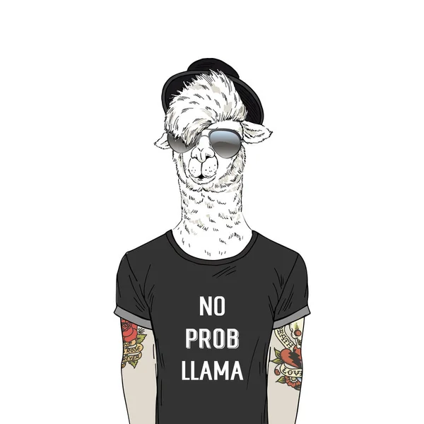 Lama Mann Hipster Mit Tätowierung Coolem Shirt Mit Zitat — Stockvektor
