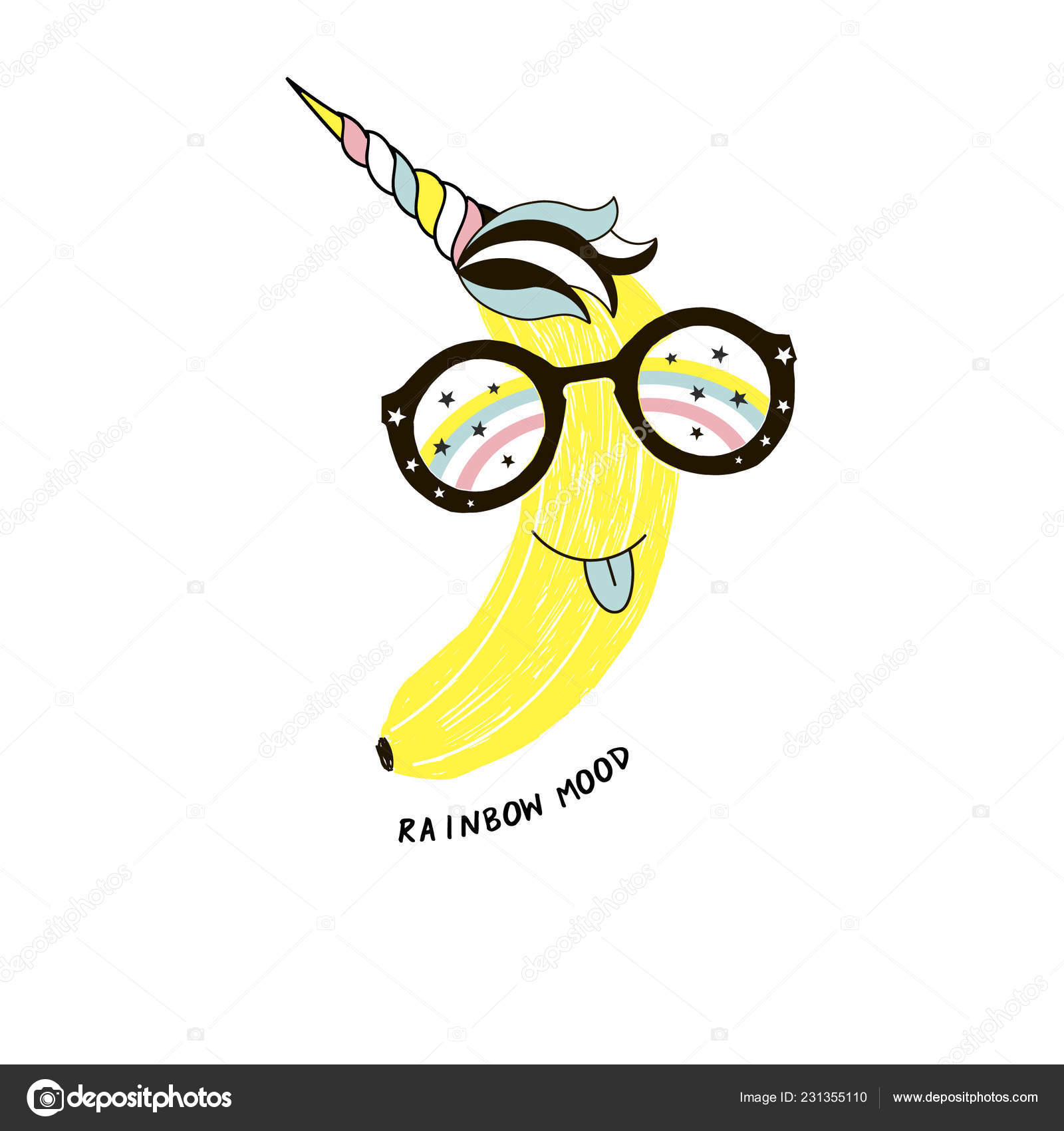 Image vectorielle Fruits Banane Licorne Avec Visage Drôle Portant