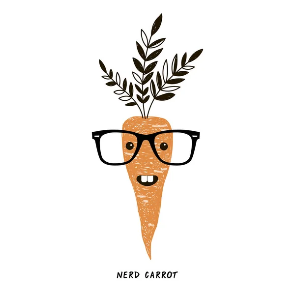 Nerd Carrot Veggie Character Cute Kawaii Face Pencil Drawing Style — Stock Vector