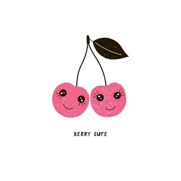 Schattig Cherry Karakter Met Kawaii Gezicht Potlood Tekening Stijl Illustratie — Stockvector