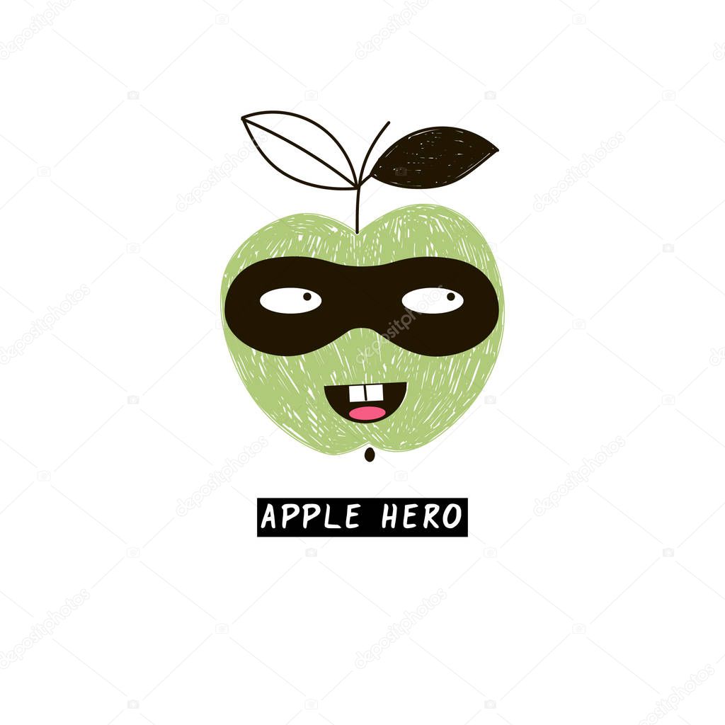 super hero apple fruit character with cute kawaii face, pencil drawing style illustration for kid poster and t-shirt design, isolated on white