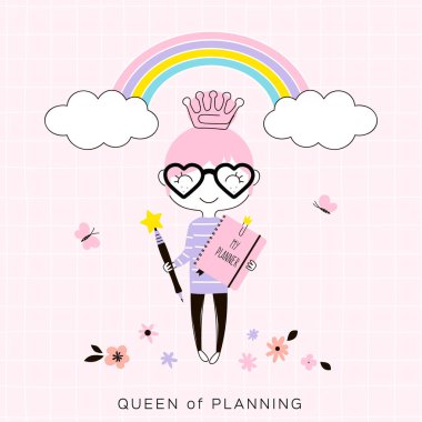 küçük karikatür mutlu planlayıcısı kızla pembe defter ve kalem taç giyen küçük ayakta kawaii stil karakter, pastel renklerle basit düz vektör grafik, sevimli Ofis Kırtasiye konsept illüstrasyon, planlama Kraliçe gökkuşağı altında şeklinde